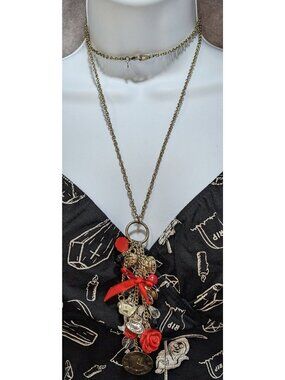 Vintage Claires Alice-Inspired Charm Necklace With Red & Gold Accents